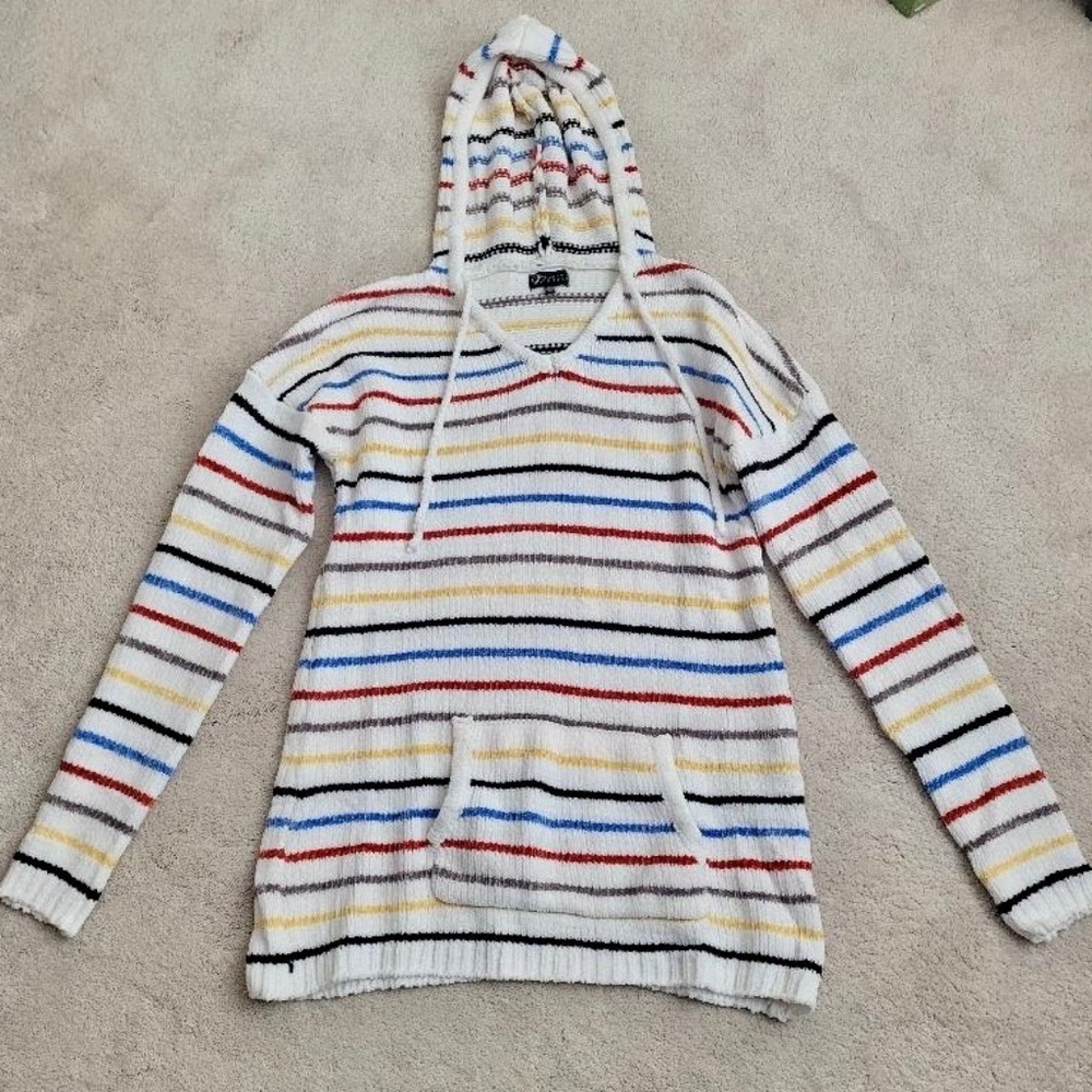 CEZELE Womens Multicolor Striped Velvet Knit Hooded V-Neck Sweater M/L